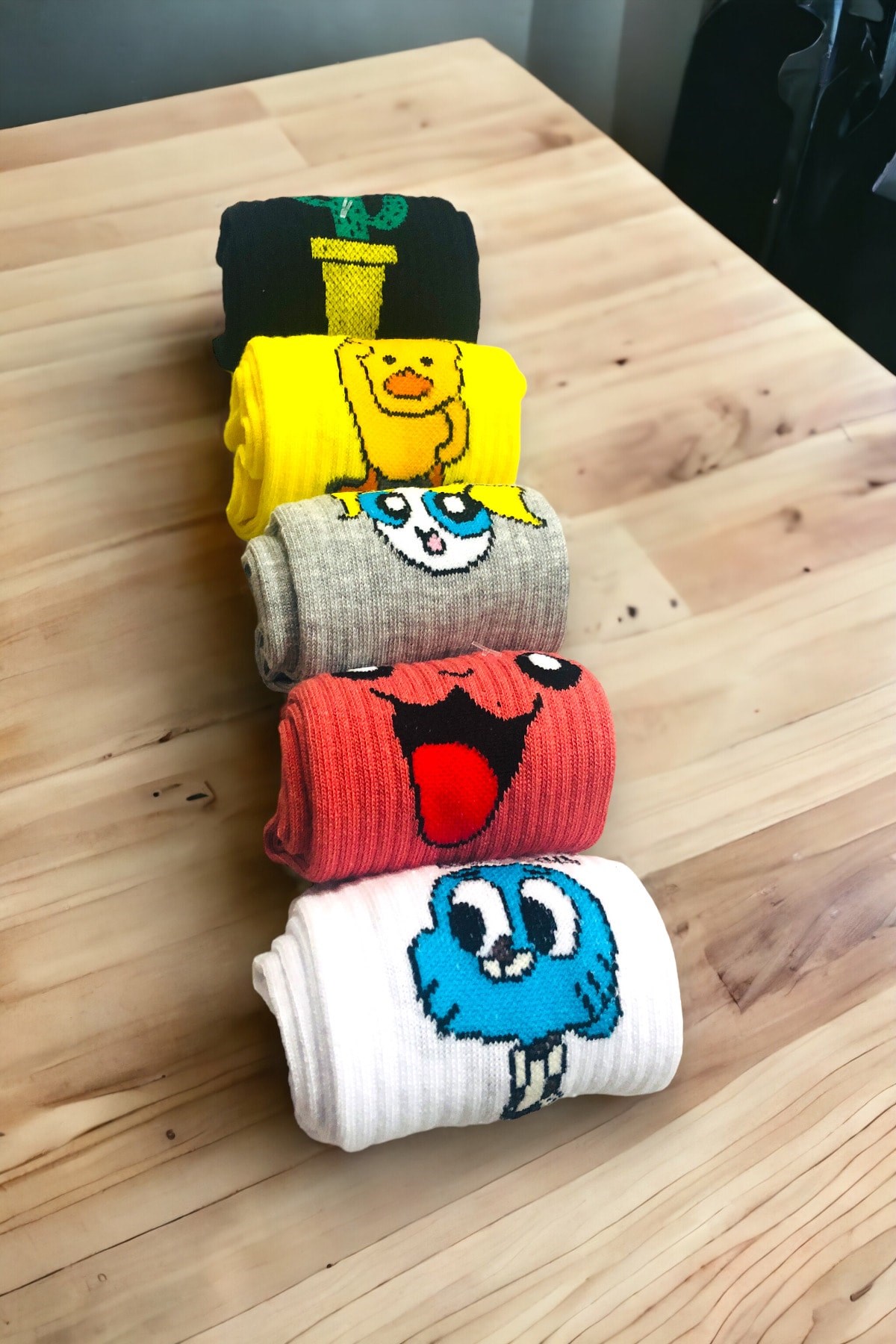 Unisex Renkli 5 Çift Desenli Fitilli Kolej Çorap Seti
