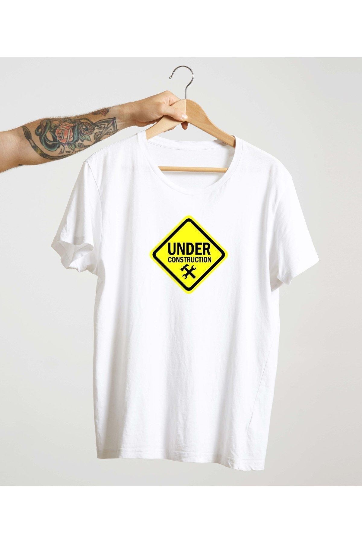 Unisex Siyah %100 Pamuk Bisiklet Yaka Basic Örme T-shirt Under Construction
