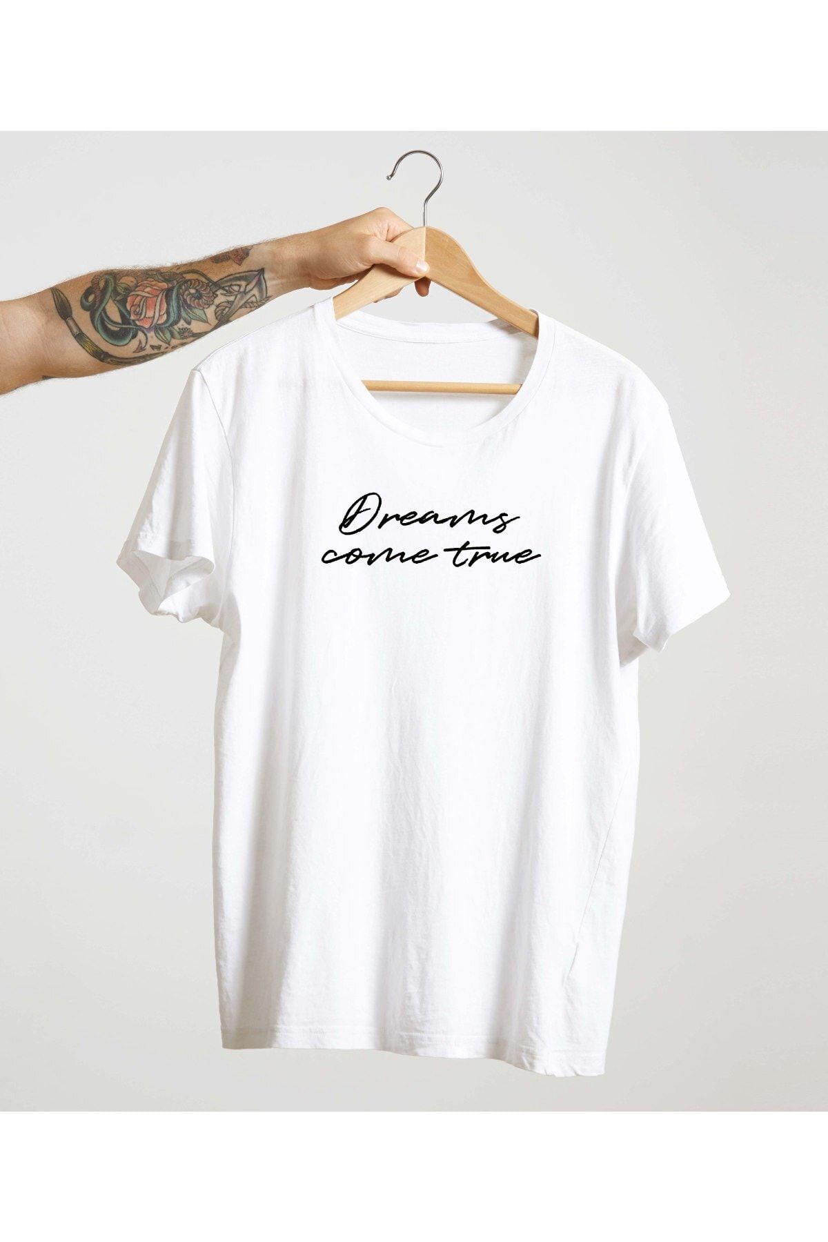Unisex Siyah %100 Pamuk Bisiklet Yaka Basic Örme T-shirt Dreams Come True