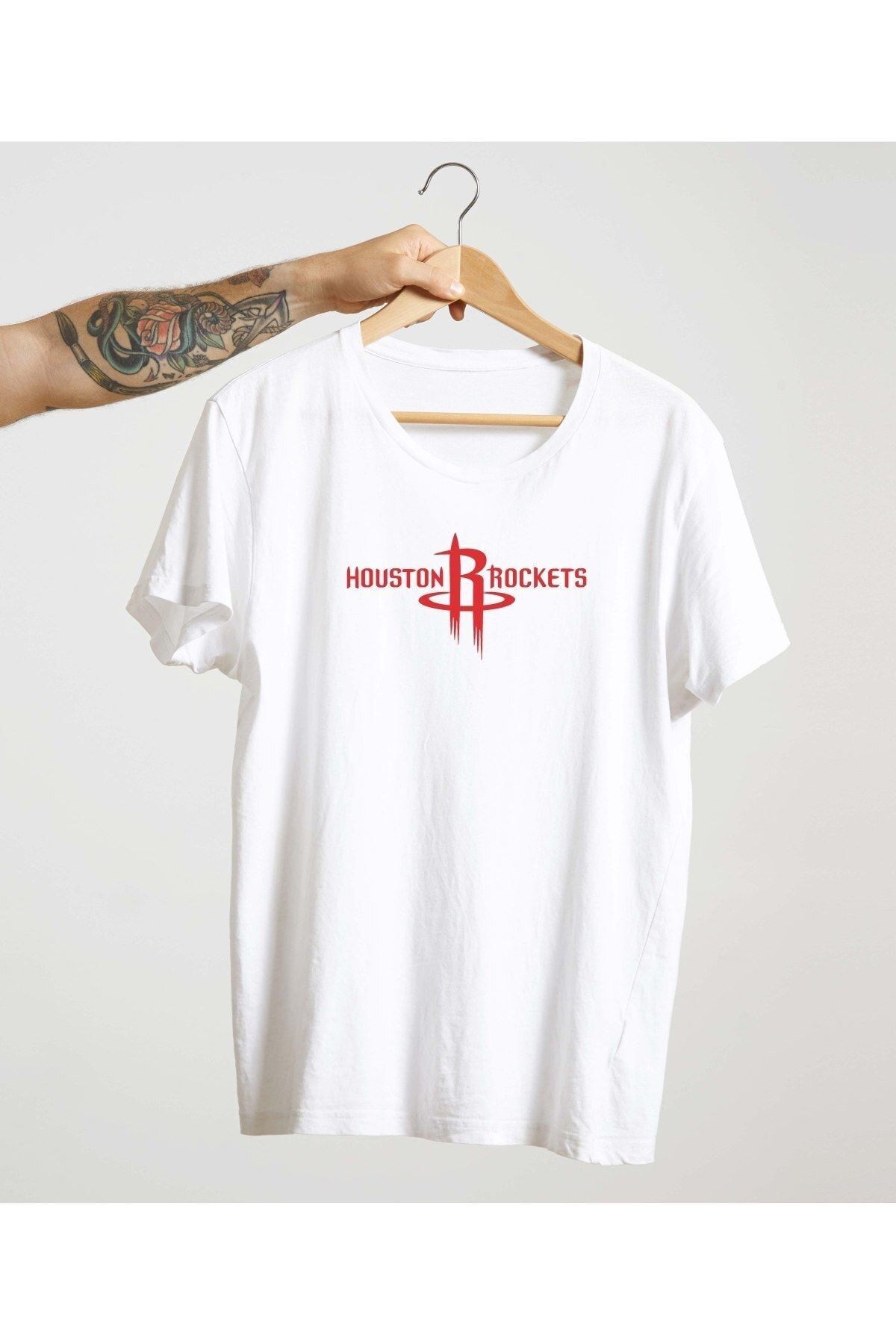 Unisex Siyah %100 Pamuk Bisiklet Yaka Basic Örme T-shirt Huston Rockets