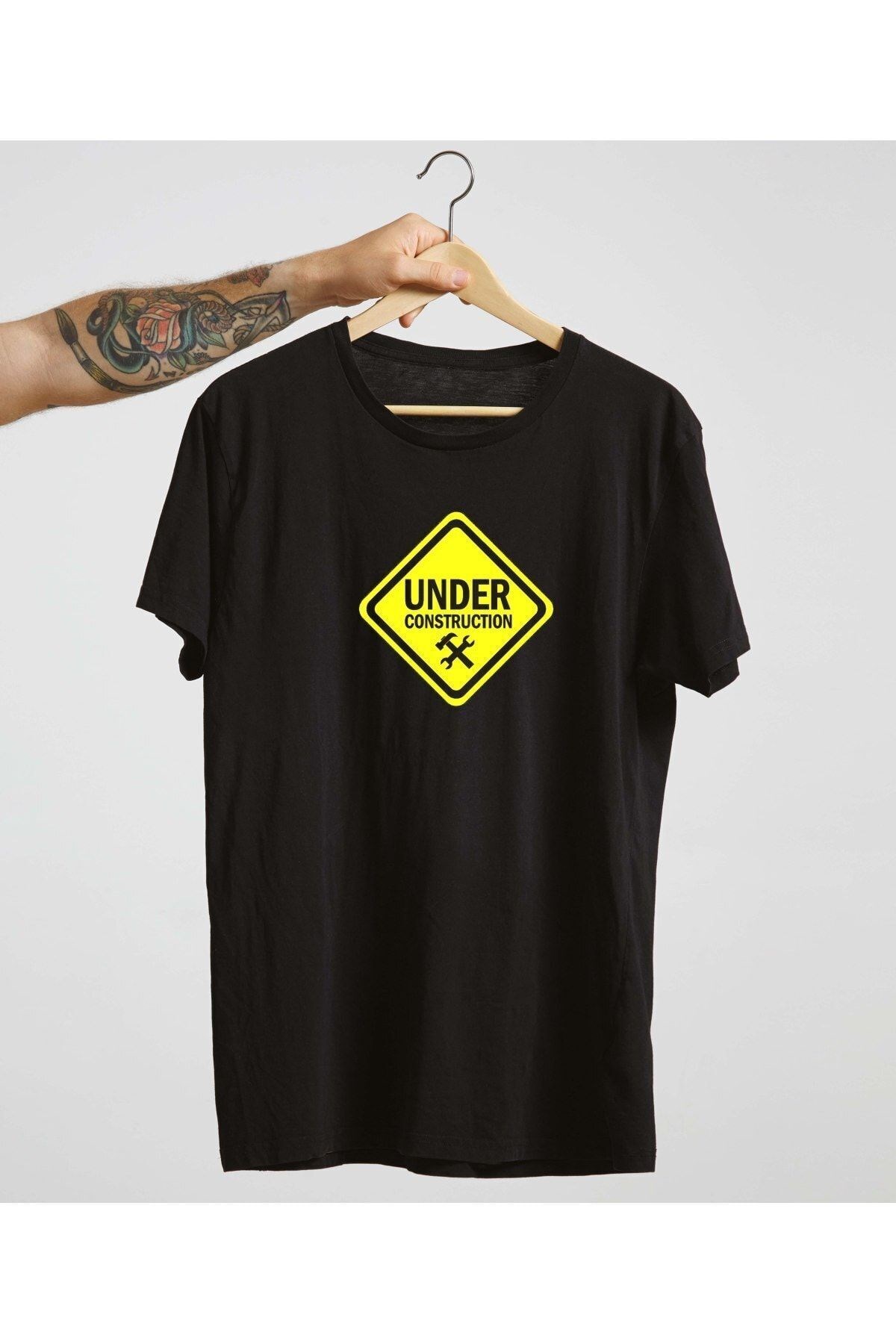 Unisex Siyah %100 Pamuk Bisiklet Yaka Basic Örme T-shirt Under Construction