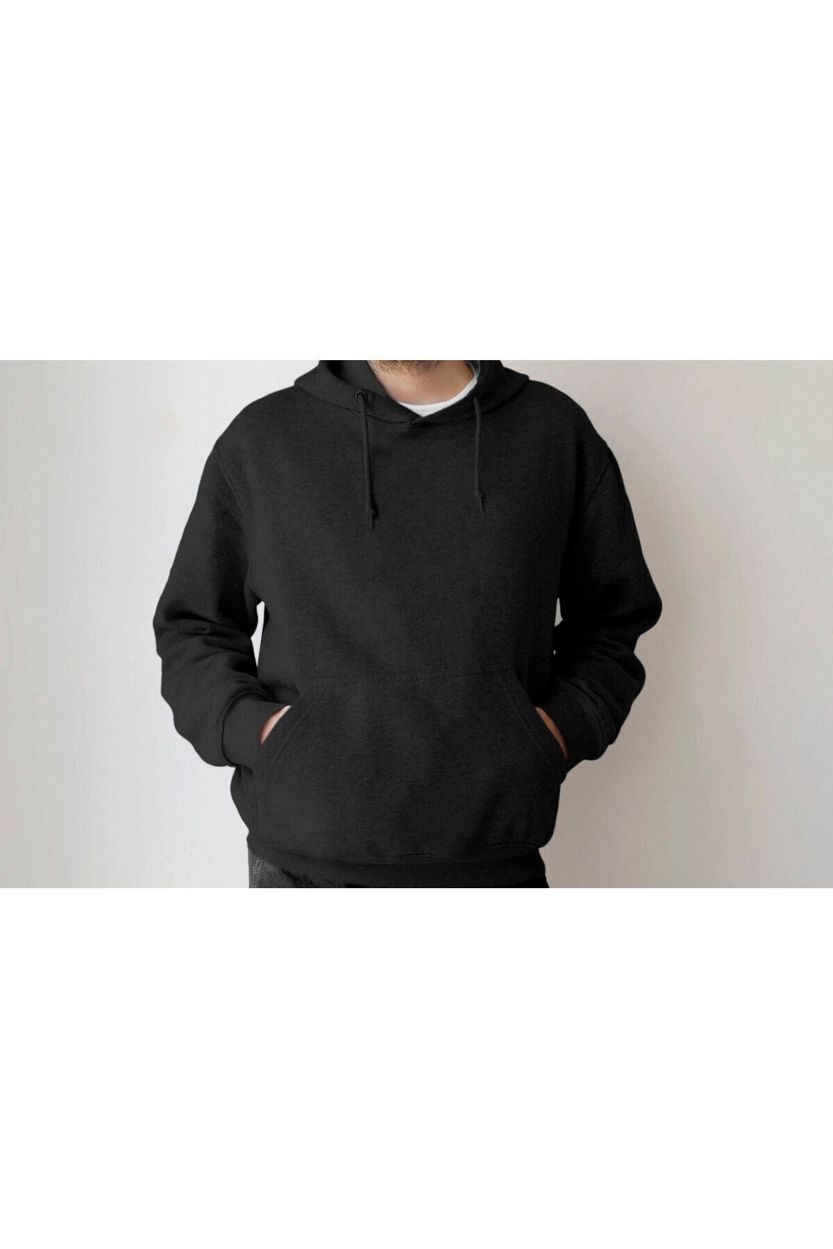 Unisex Siyah 2 Iplik Pamuklu Kapüşonlu Sweatshirt