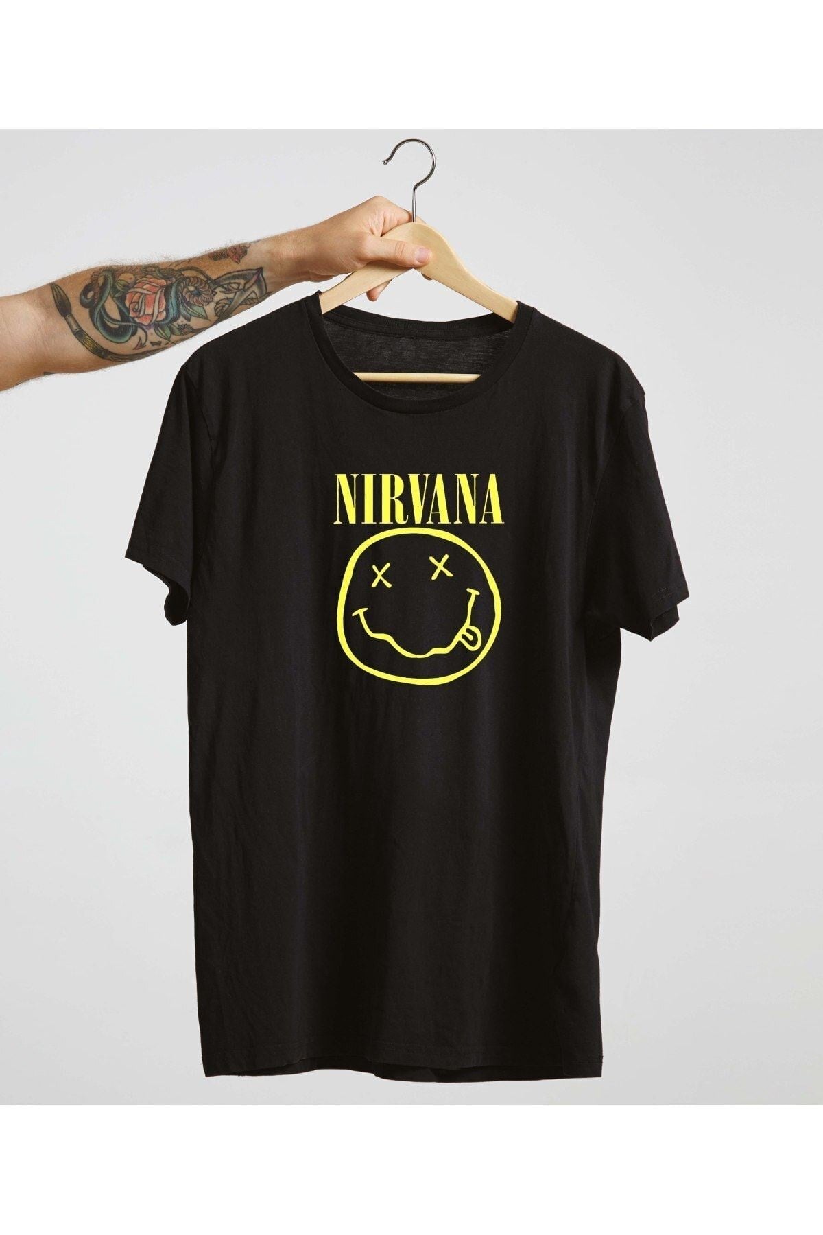 Unisex Siyah Pamuk Bisiklet Yaka Basic Örme T-shirt Nirvana