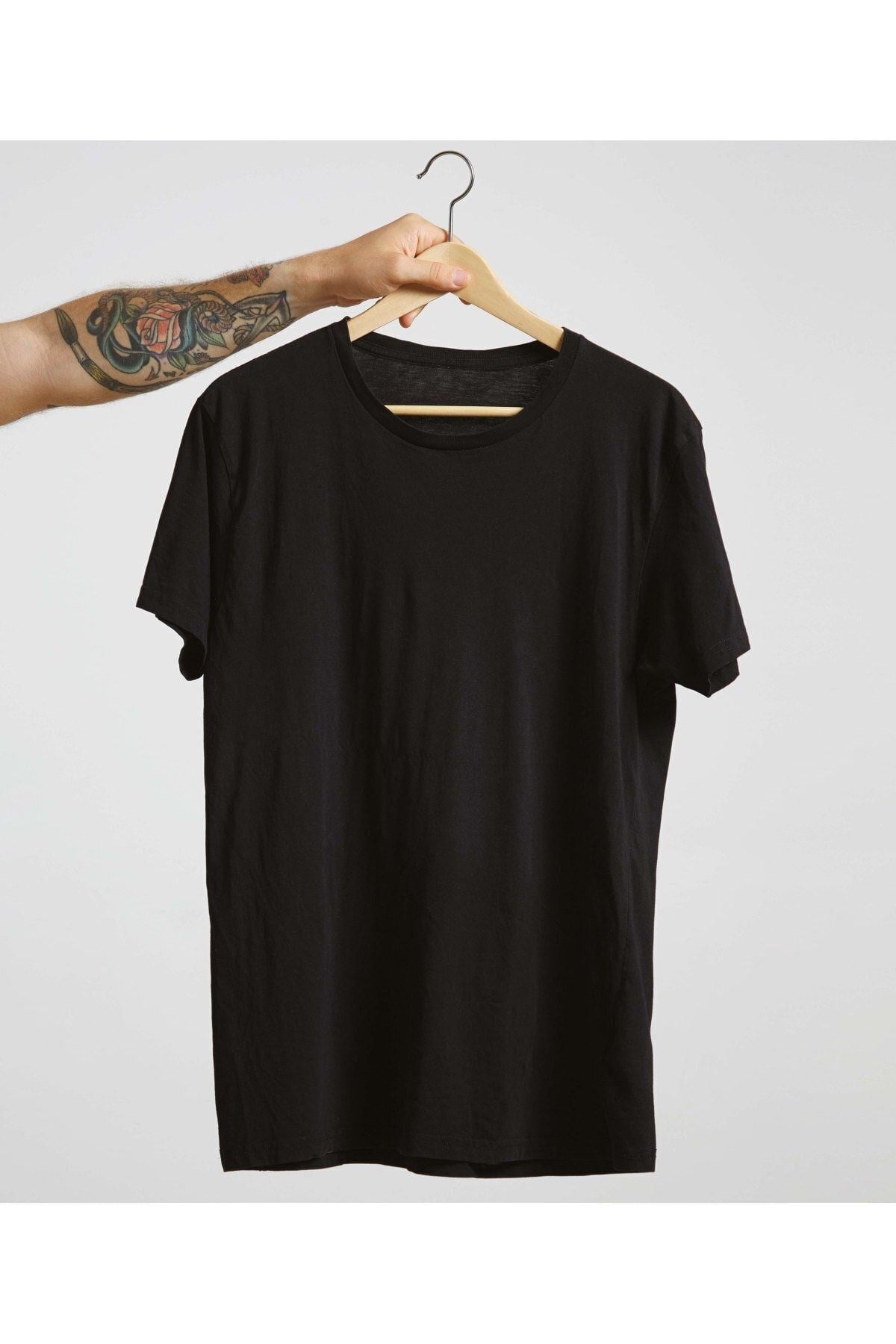Unisex Siyah Pamuk Bisiklet Yaka Basic Örme T-shirt