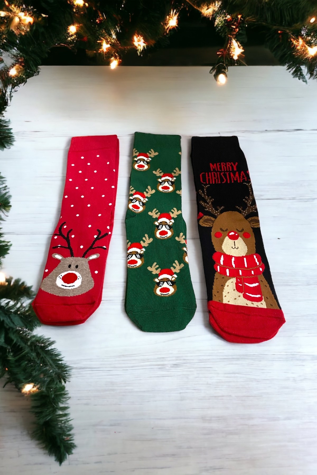Unisex Yeni Yıl Yılbaşı Temalı 3 Çift Soket Çorap Seti