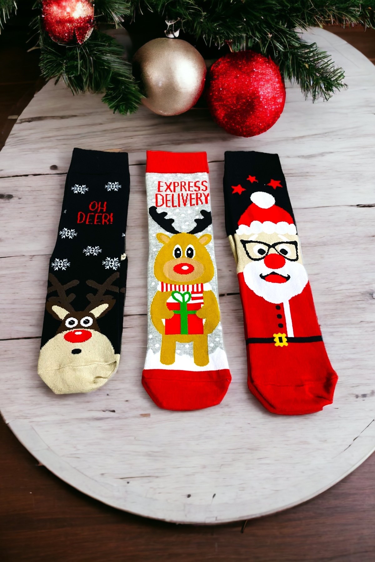 Unisex Yeni Yıl Yılbaşı Temalı 3 Çift Soket Çorap Seti