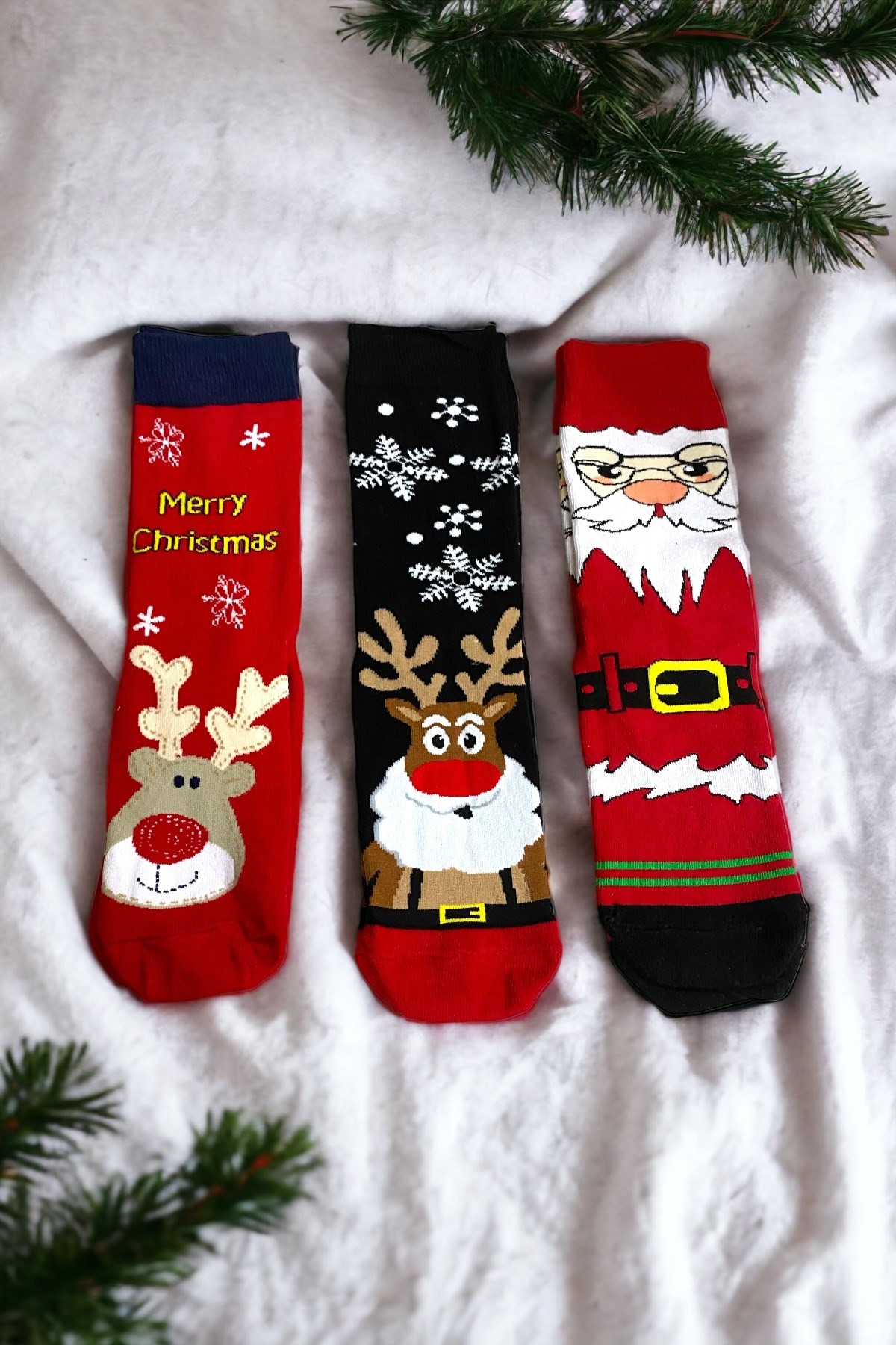 Unisex Yeni Yıl Yılbaşı Temalı 3 Çift Soket Çorap Seti