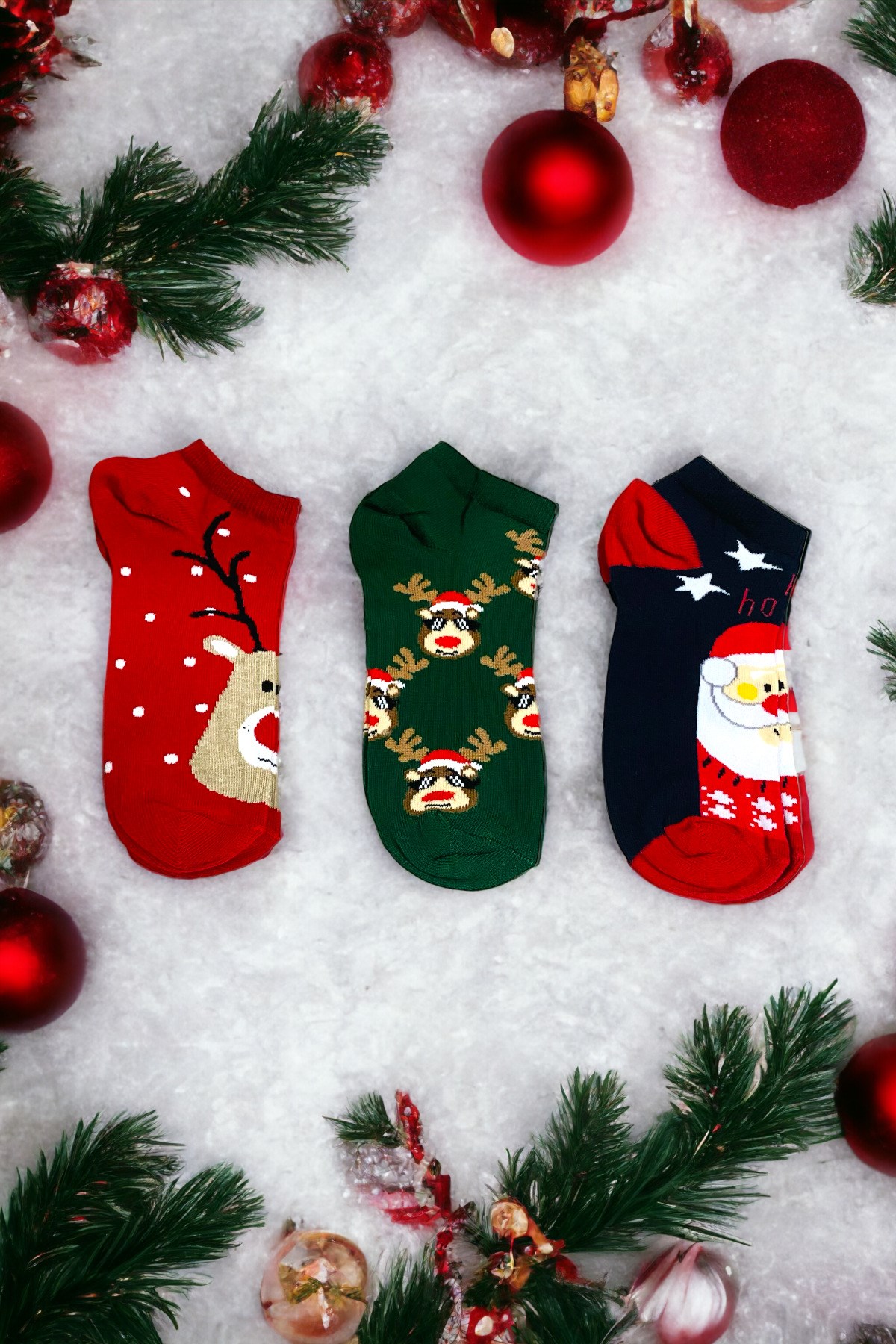 Unisex Yılbaşı Temalı 3'Lü Patik Çorap Seti