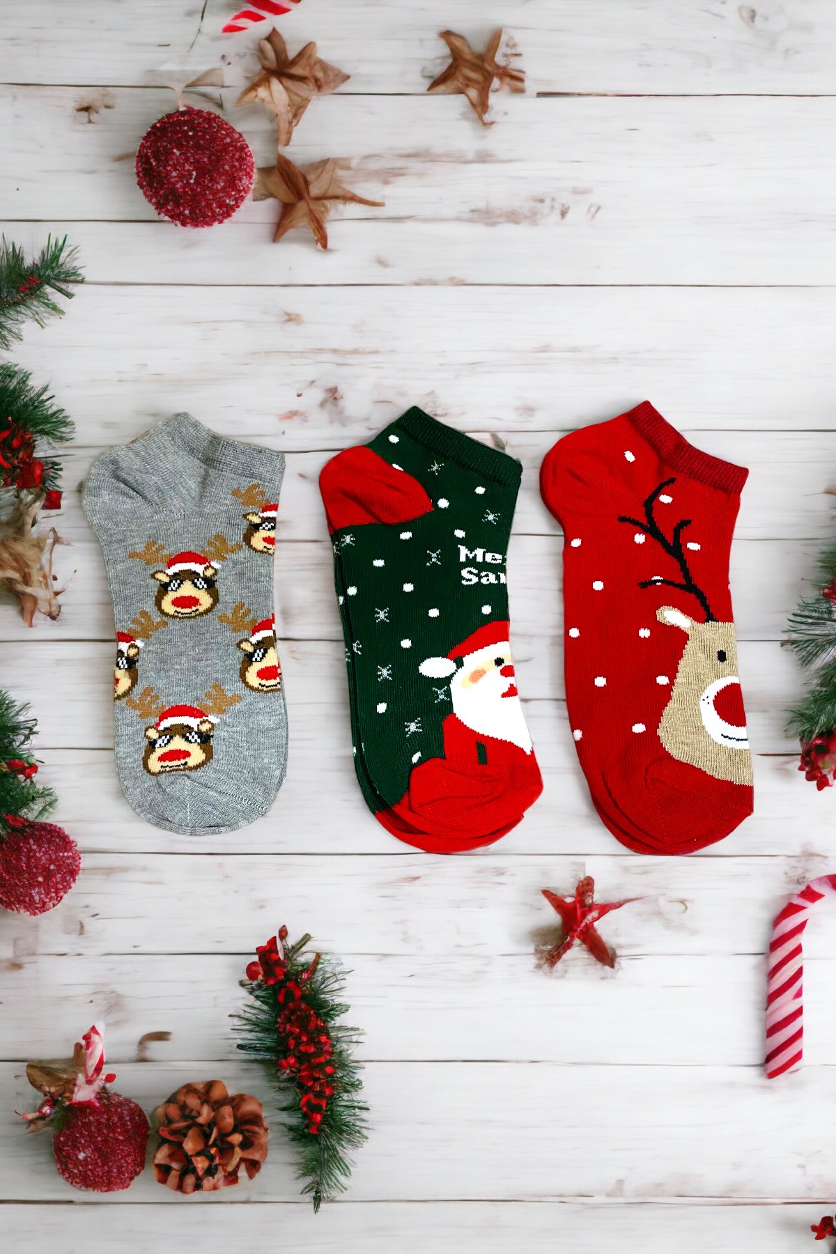 Unisex Yılbaşı Temalı 3'Lü Patik Çorap Seti