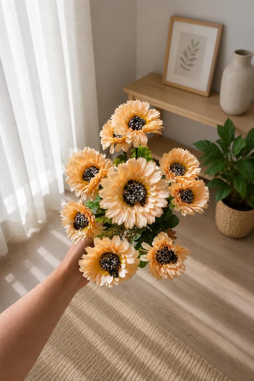 Yapay Gerbera Çiçek Demeti Şeftali Renk Dekoratif Vazo Çiçeği Ev Ofis Salon Süsü 41 cm