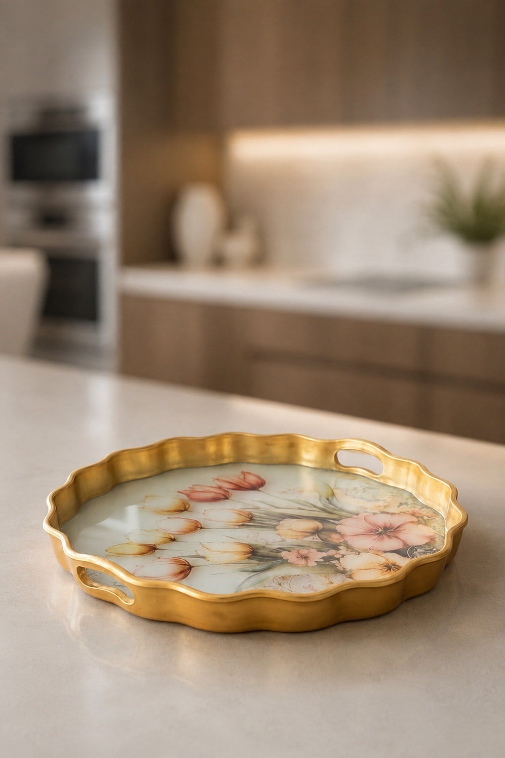 Yuvarlak Gold Servis Tepsisi 38.5 cm Lale Desenli