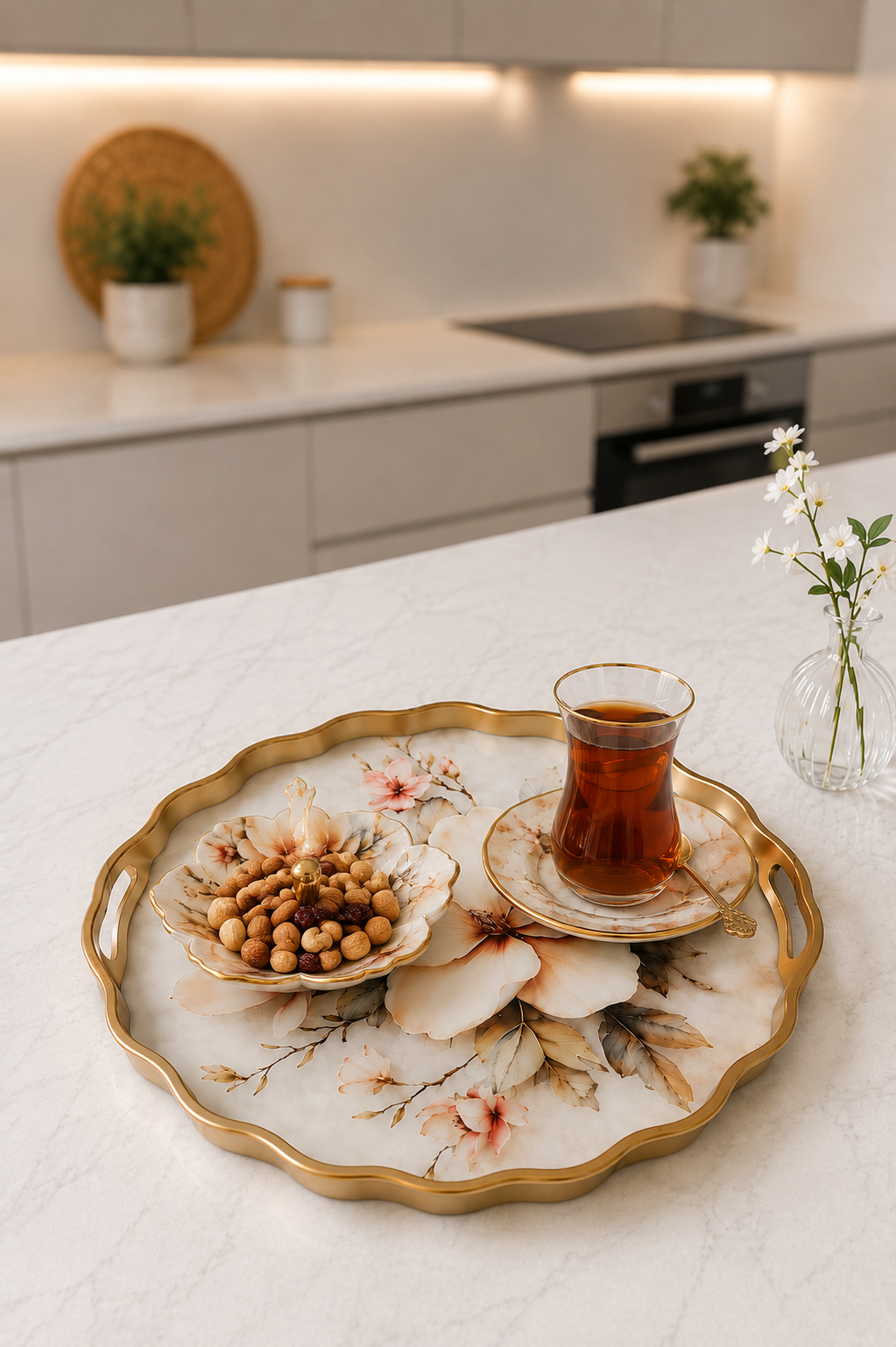 Yuvarlak Gold Servis Tepsisi 38.5 cm Çiçek Desenli