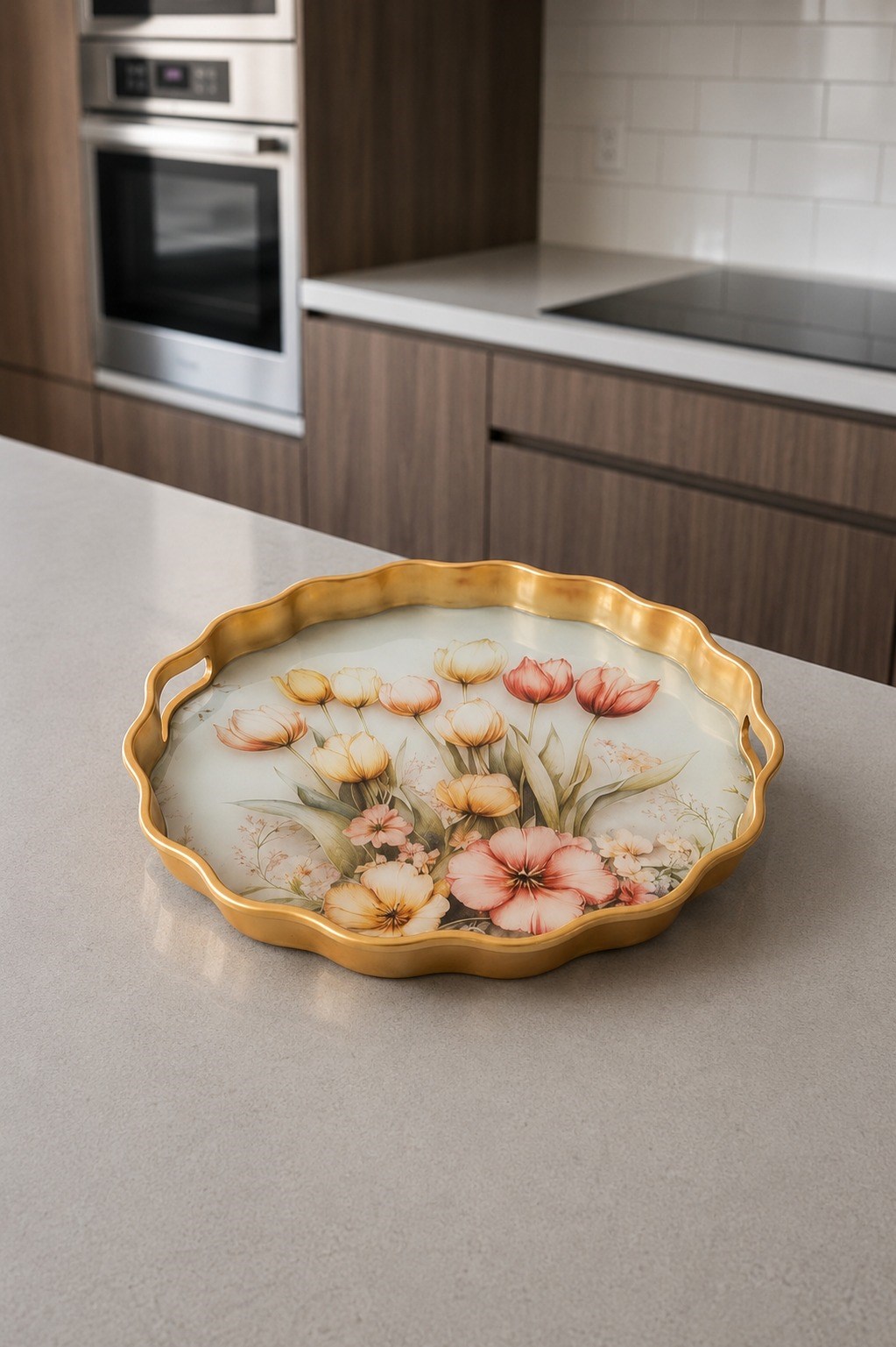 Yuvarlak Gold Servis Tepsisi 38.5 cm Lale Desenli