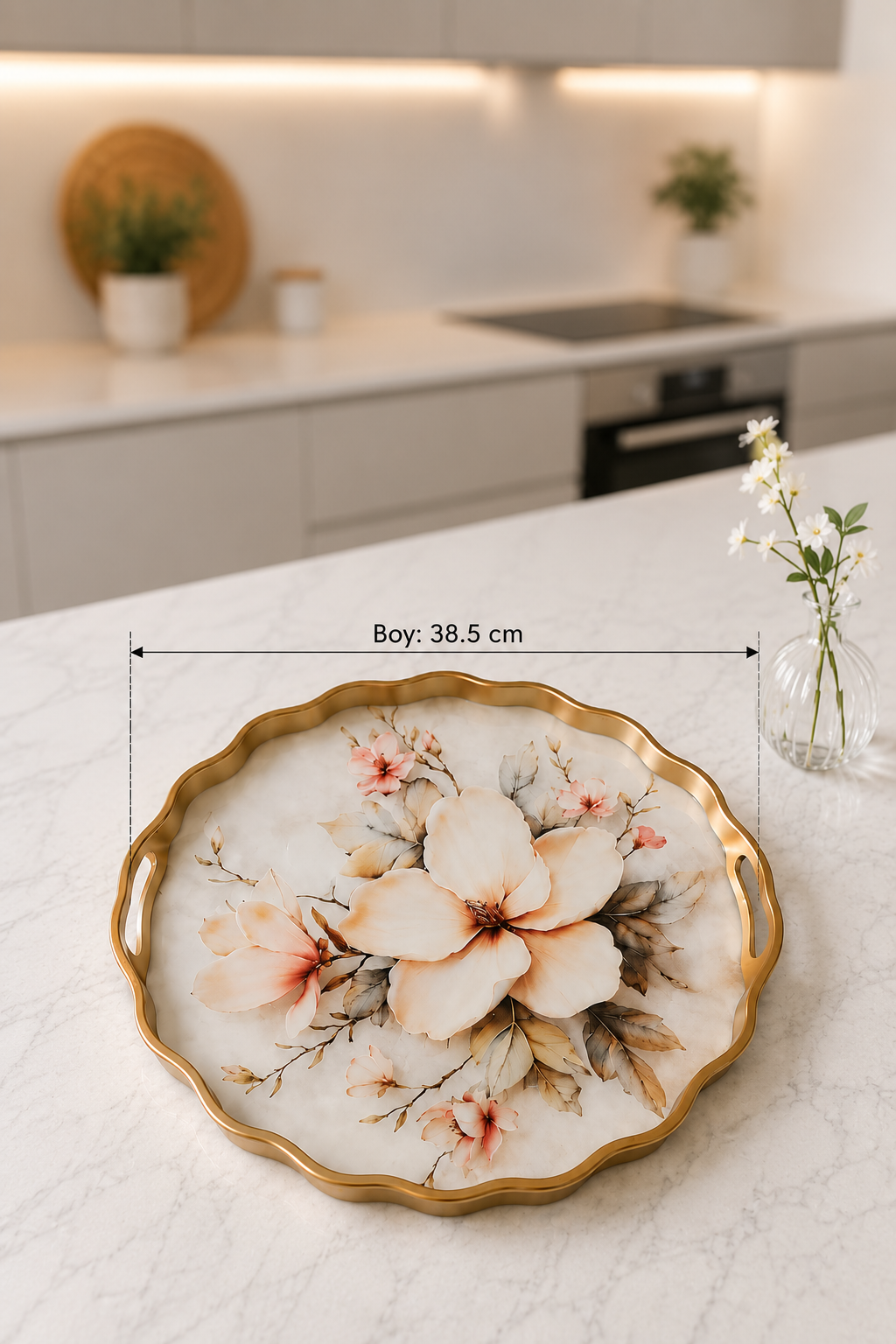 Yuvarlak Gold Servis Tepsisi 38.5 cm Çiçek Desenli