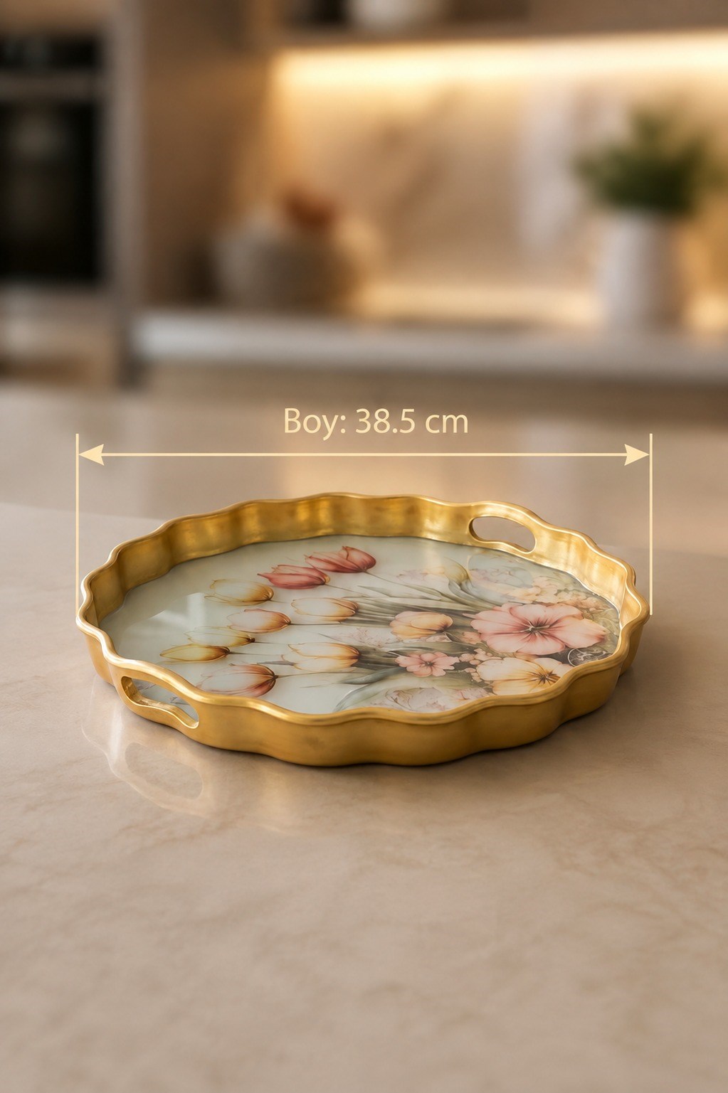 Yuvarlak Gold Servis Tepsisi 38.5 cm Lale Desenli