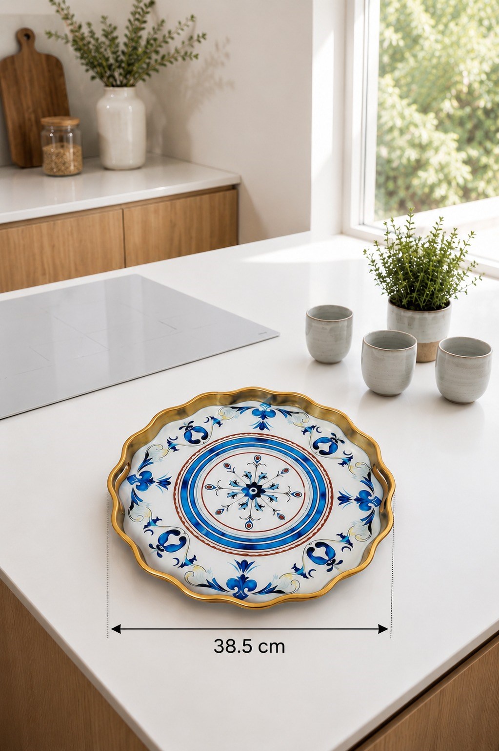 Yuvarlak Gold Servis Tepsisi 38.5 cm Mavi Osmanlı