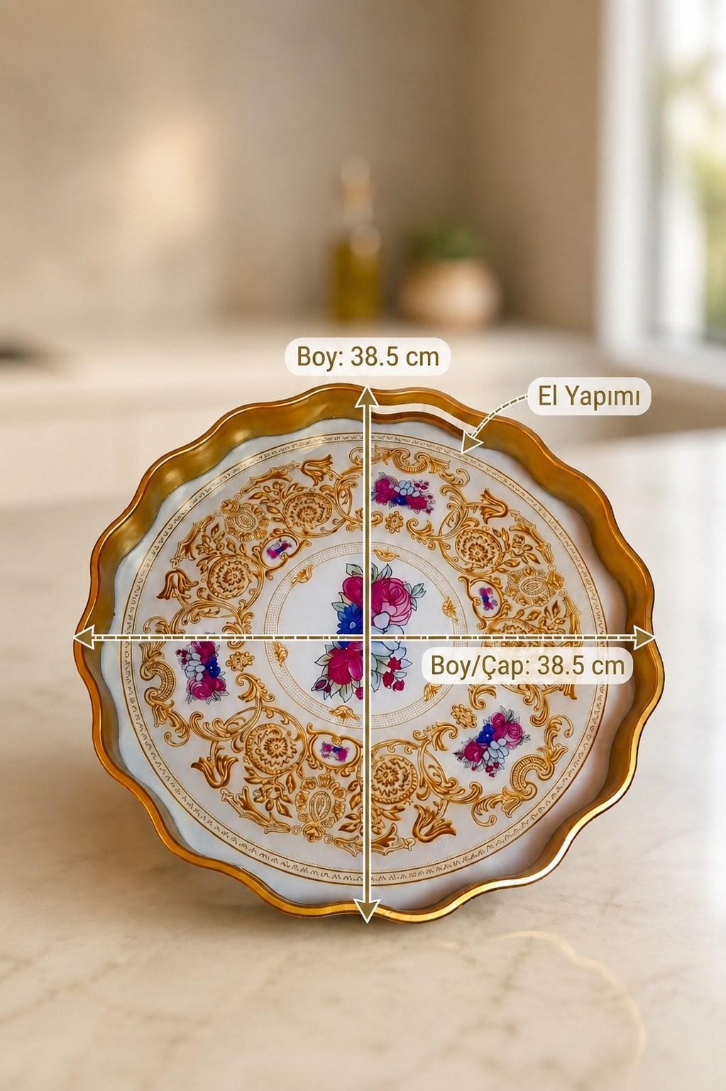 Yuvarlak Gold Servis Tepsisi 38.5 cm Gül Buketi