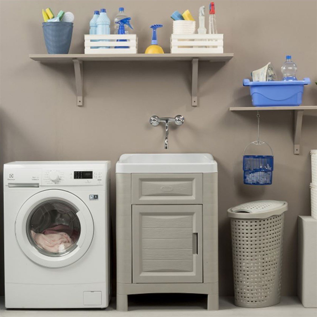 Bama Artu Lavabolu Dolap Seti, Lavabo, Banyo Dolabı, Bej/Beyaz