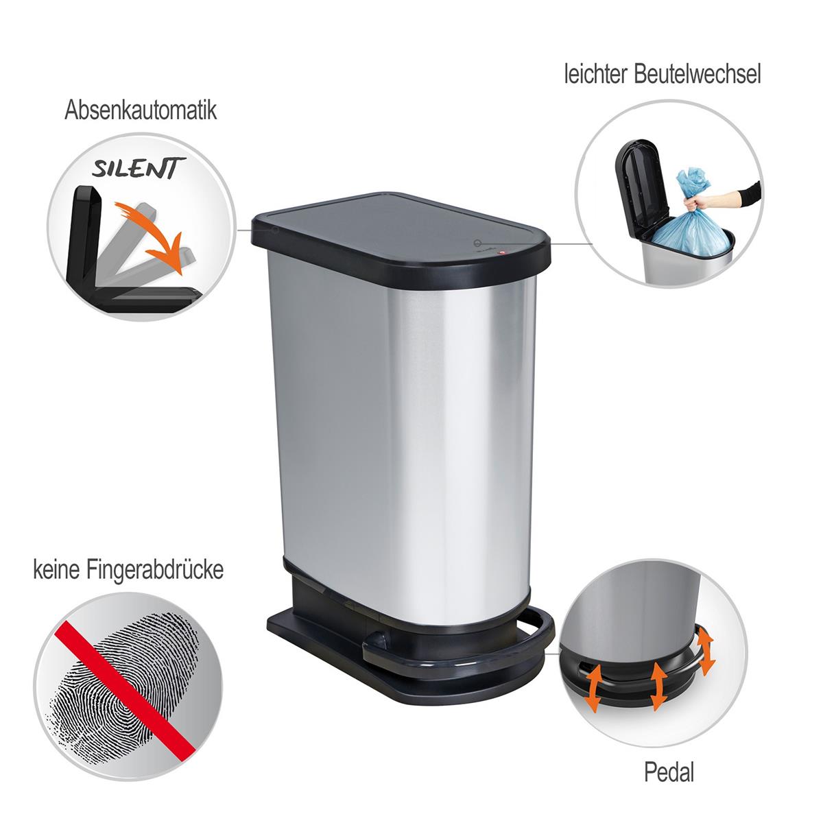 Rotho Paso Pedallı Çöp Kovası 50 Litre Duo Metalik Gri