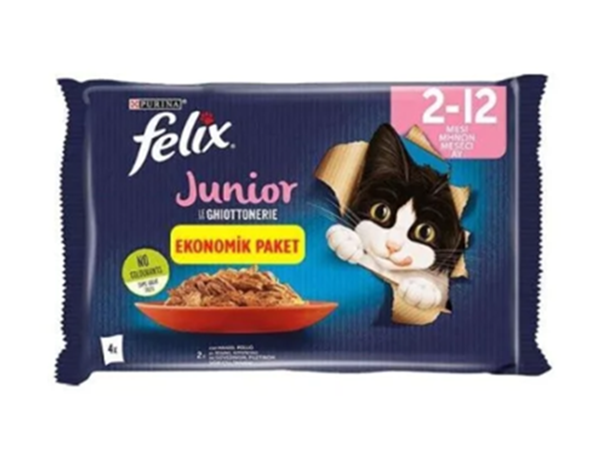 Felix Pouch Jöle İçinde Sığır Etli ve Tavuklu Yavru Kedi Yaş Maması 4 x 85gr