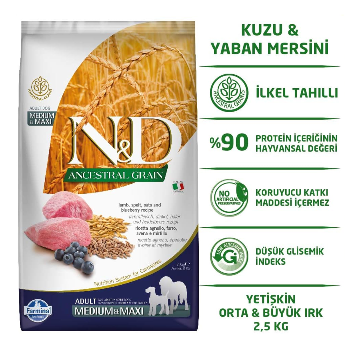 ND Düşük Tahıl Kuzu Yaban Mersini Orta ve Büyük Irk Köpek Maması 2,5 Kg