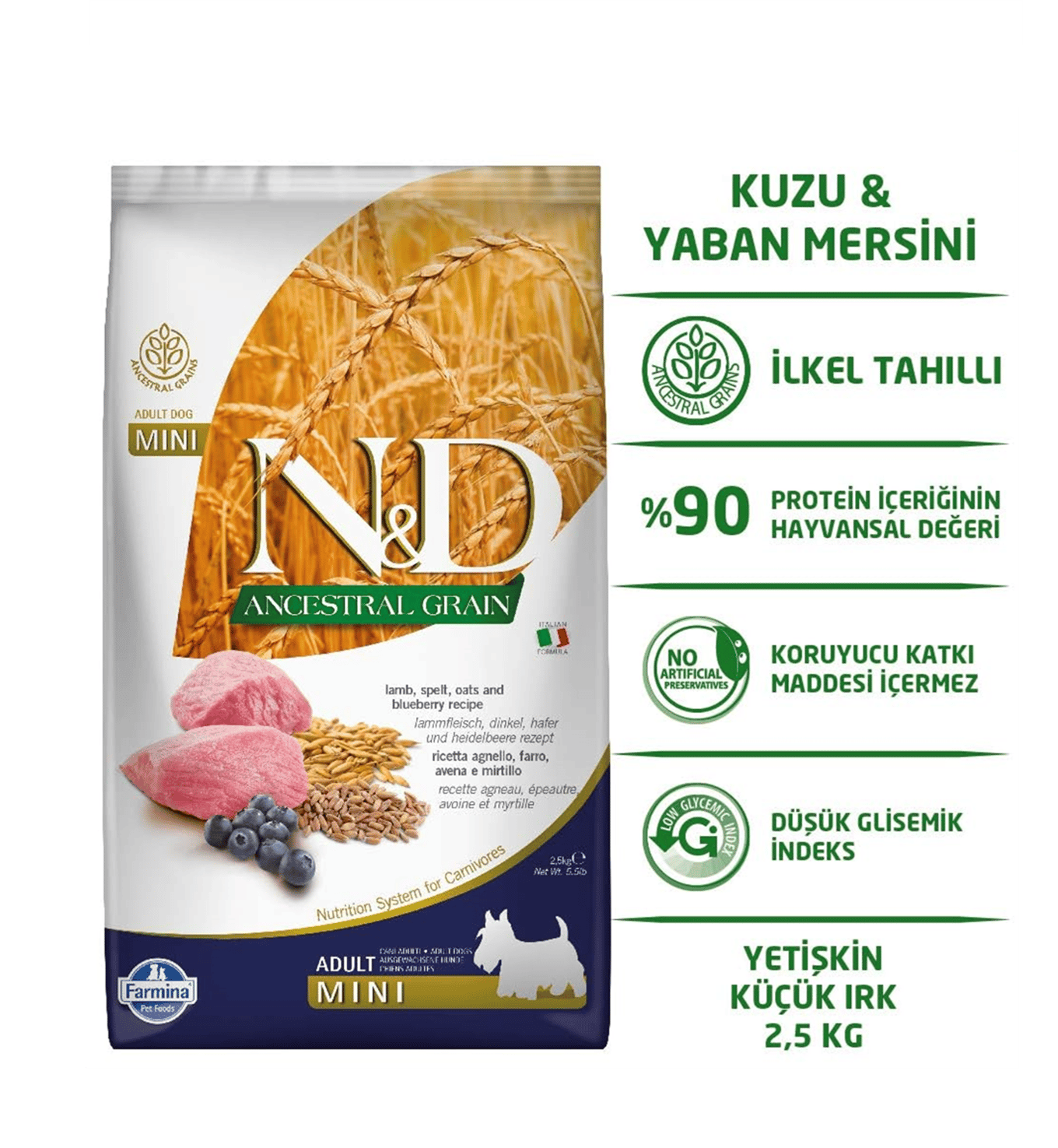 ND Düşük Tahıllı Kuzu Etli ve Yaban Mersinli Mini Irk Yetişkin Köpek Maması 2,5 Kg