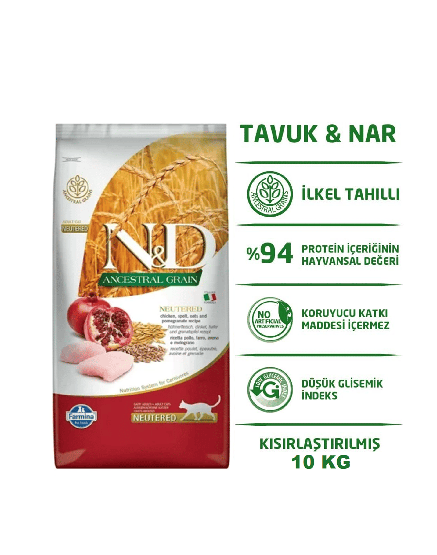 ND Neutred Düşük Tahıllı Tavuk Etli ve Narlı Kısırlaştırılmış Yetişkin Kedi Maması 10 Kg