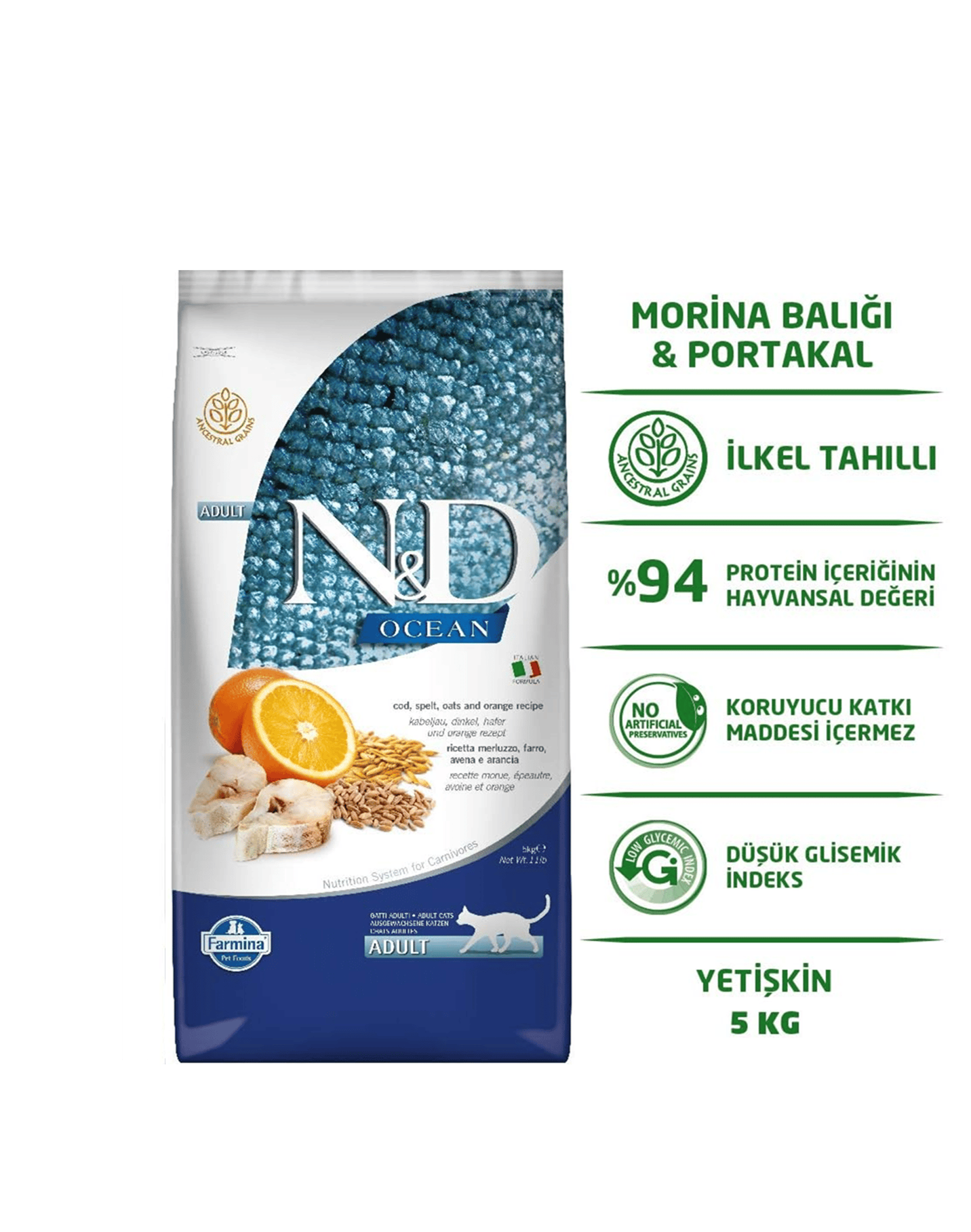 ND Ocean Düşük Tahıllı Morina Balıklı ve Portakallı Yetişkin Kedi Maması 5 Kg