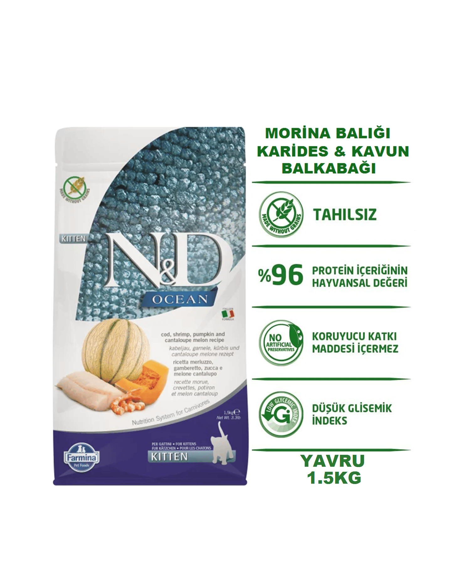 ND Ocean Kitten Morina Balığı Karides Kavun ve Balkabaklı Tahılsız Yavru Kedi Maması 1,5 Kg