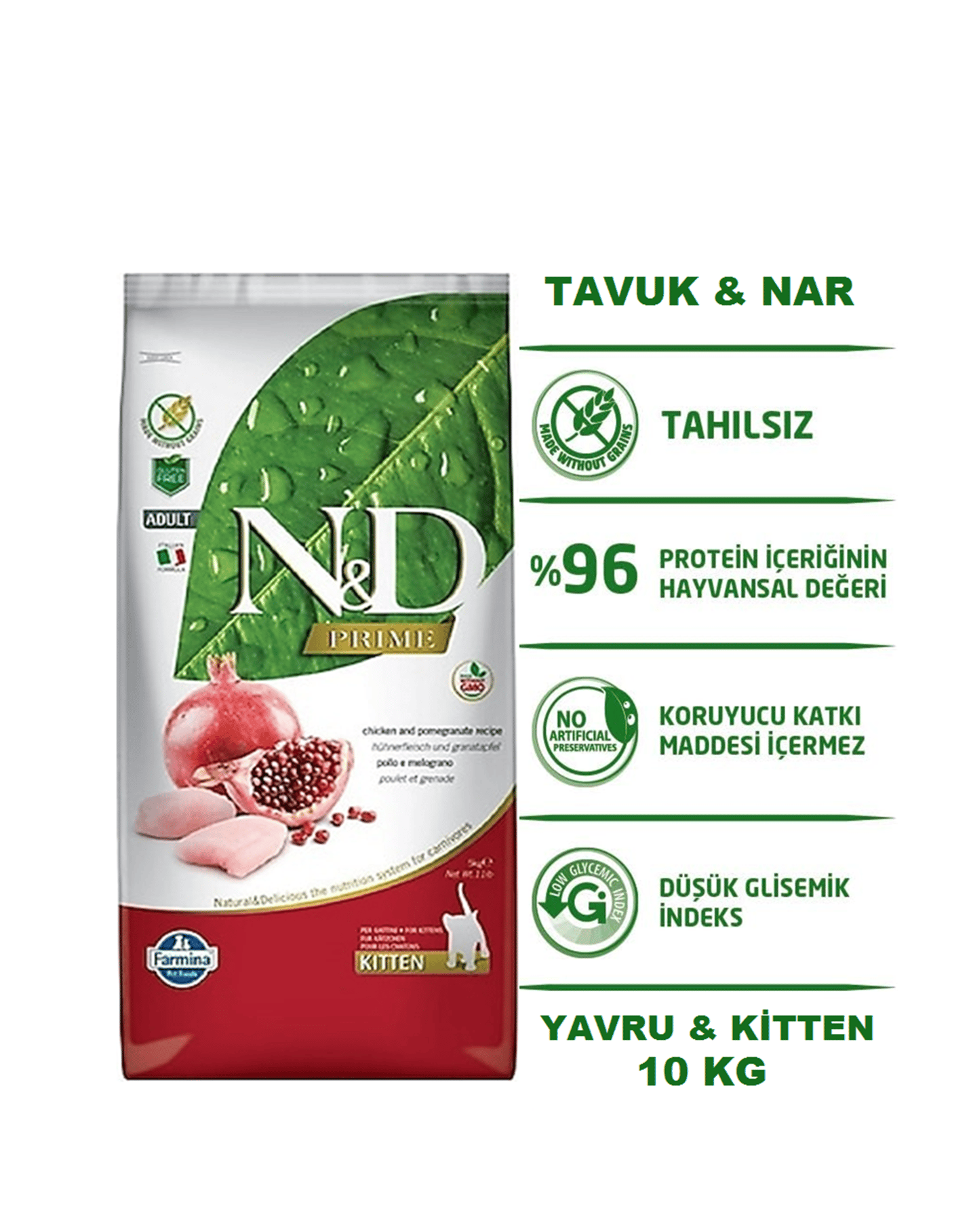 ND Prime Kitten Tahılsız Tavuk Etli ve Narlı Yavru Kedi Maması 10 Kg