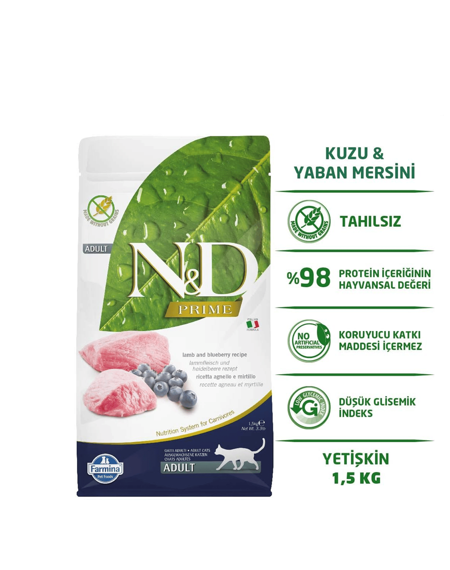 ND Prime Kuzu Etli ve Yaban Mersinli Tahılsız Yetişkin Kedi Maması 1.5Kg