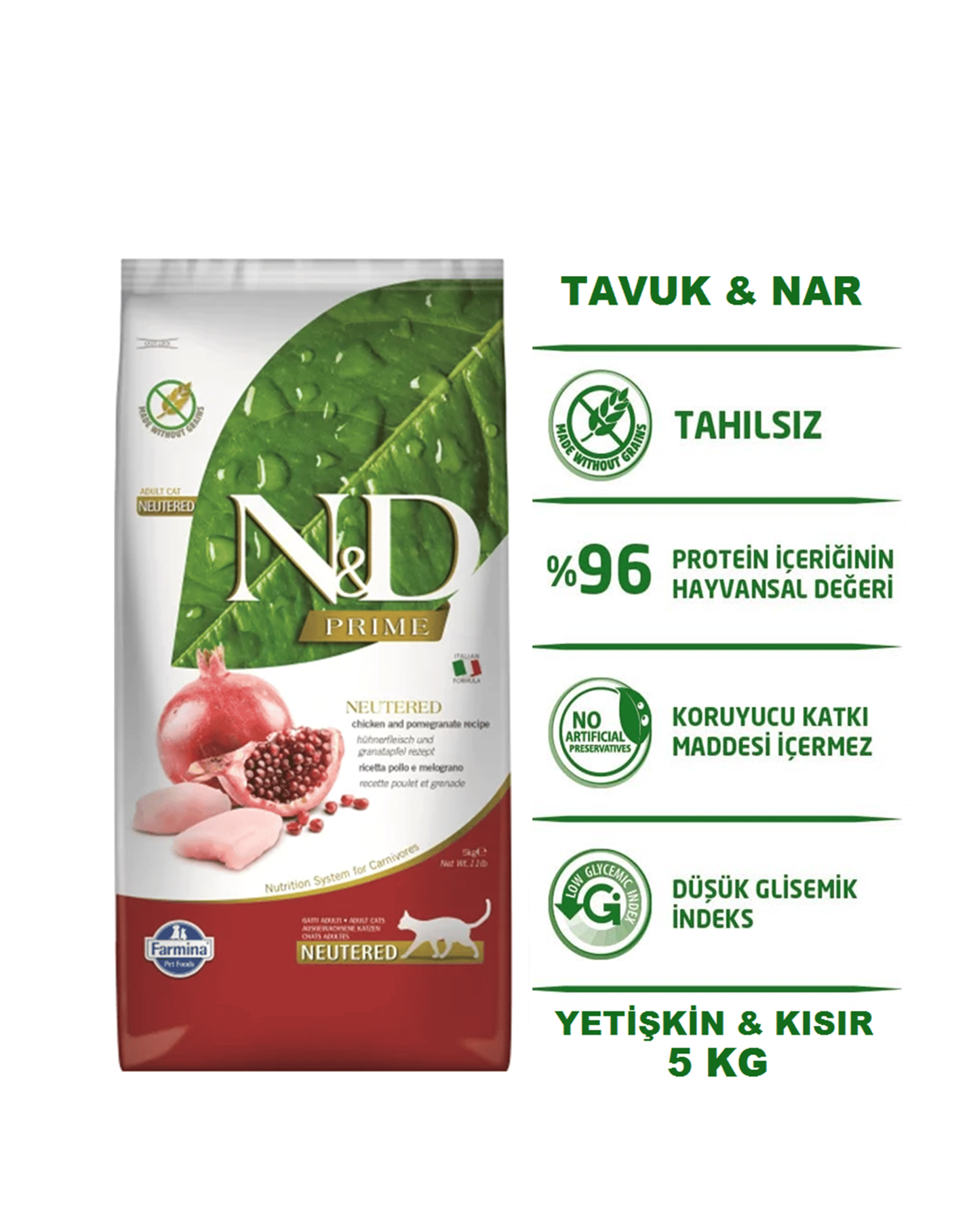 ND Prime Tahılsız Tavuk Etli ve Narlı Kısırlaştırılmış Yetişkin Kedi Maması 5 Kg