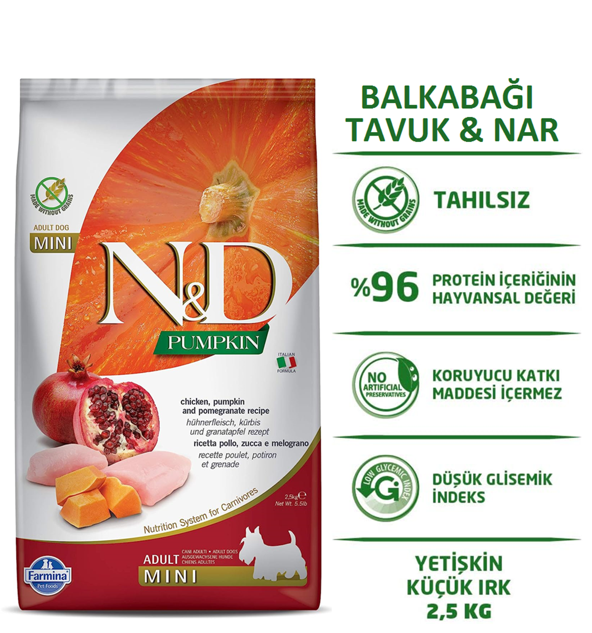 ND Pumpkin Bal Kabaklı Tavuk Etli ve Narlı Mini Irk Tahılsız Yetişkin Köpek Maması 2,5 Kg