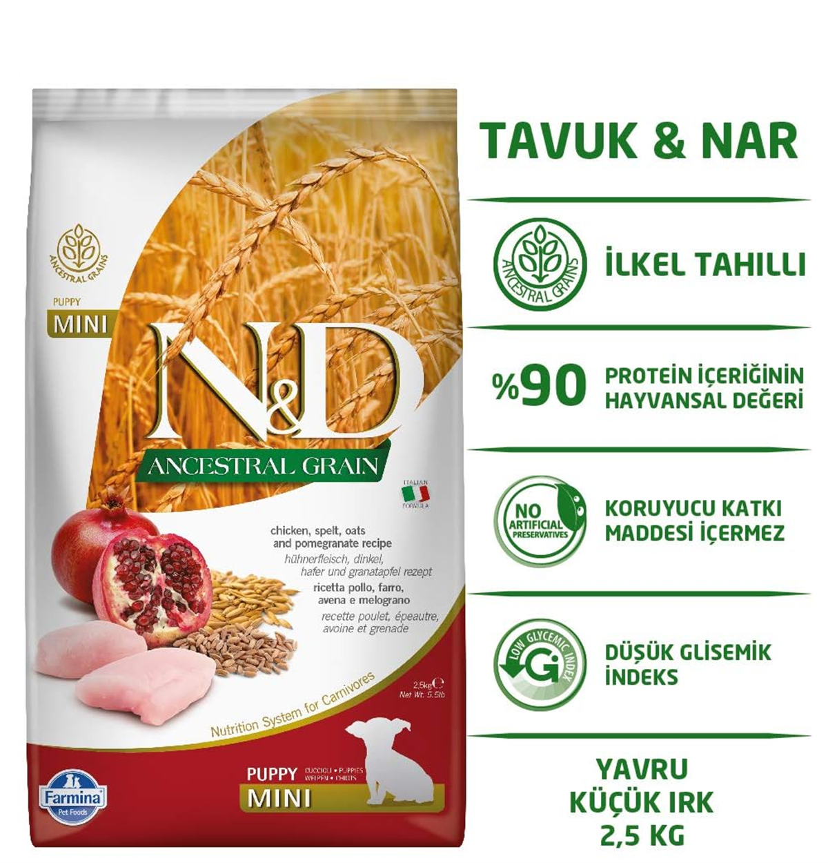 ND Tavuklu ve Narlı Düşük Tahıllı Mini Irk Yavru Köpek Maması 2,5 Kg