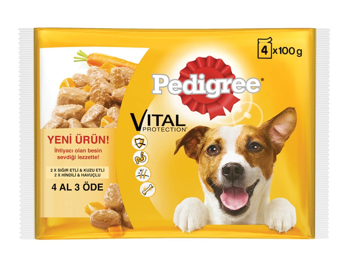 Pedigree Multipack Etli ve Havuçlu Pouch Yetişkin Köpek Maması 4 x 100 Gr. 1 Adet