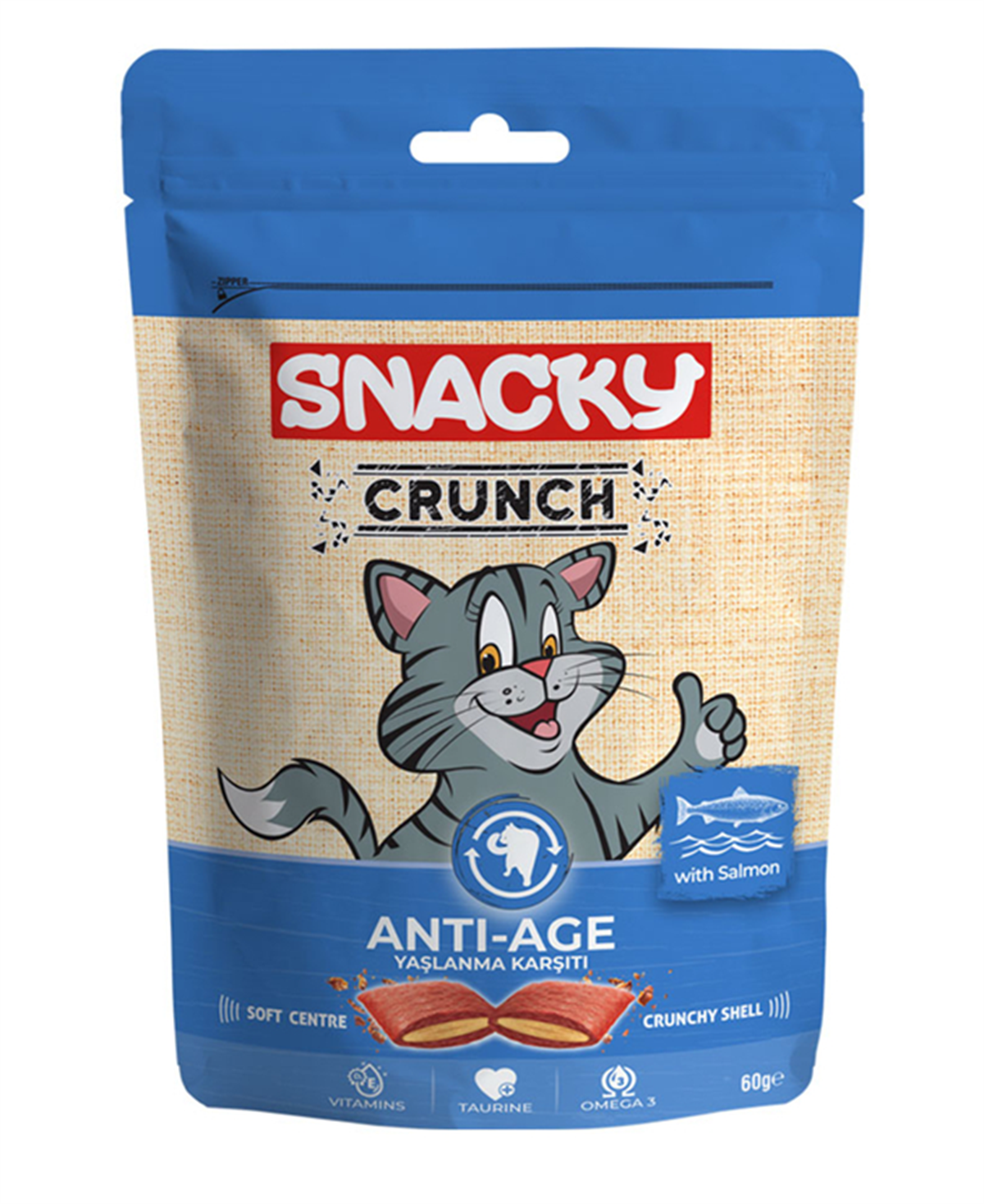 Snacky Crunch Anti Age Yaşlanma Karşıtı Somonlu Kedi Ödül Maması 60 Gr