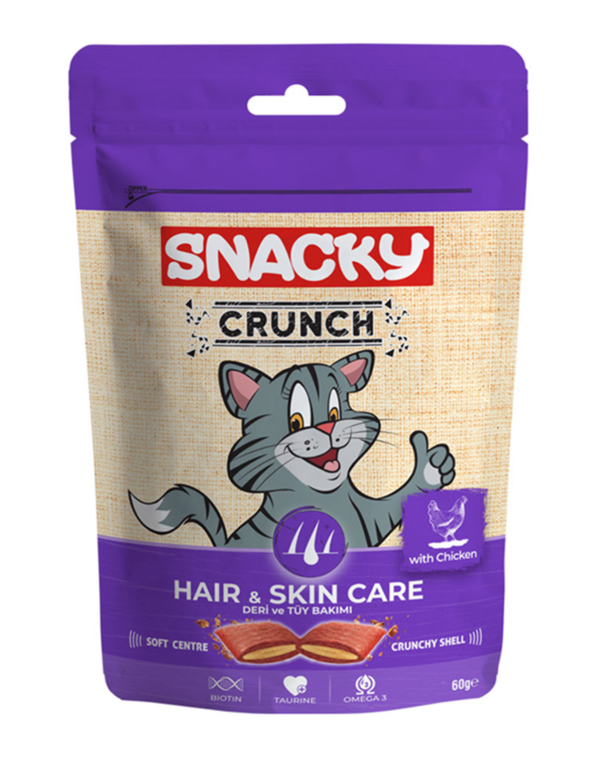 Snacky Crunch Hair Skin Care Deri ve Tüy Bakımı Tavuklu Kedi Ödül Maması 60 Gr