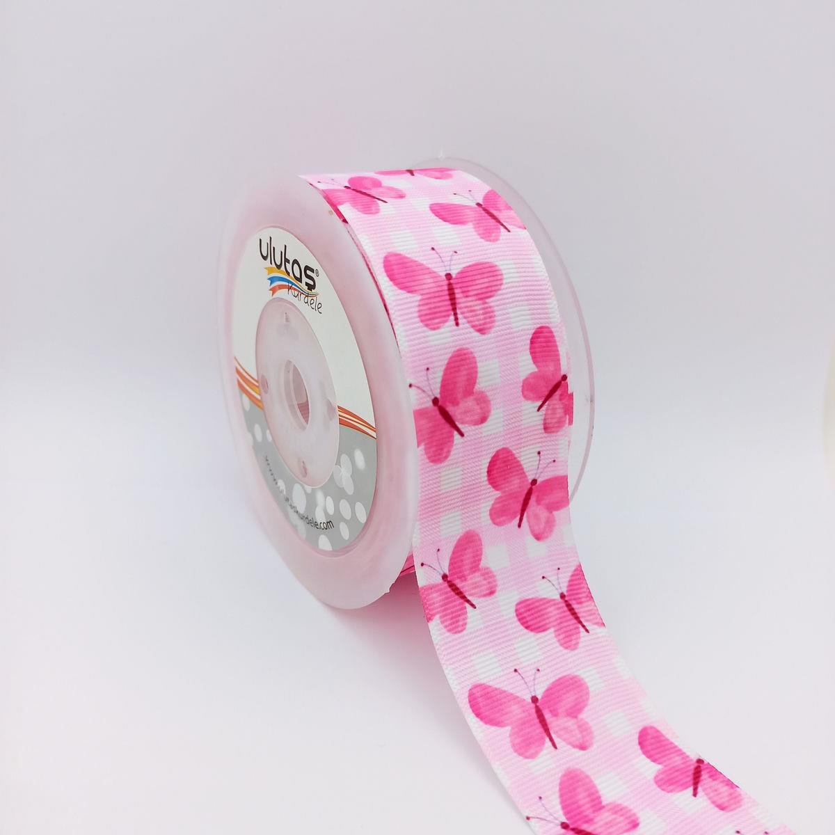 Kelebek Desenli Pembe 4 Cm Grogren Kurdele 10 Mt