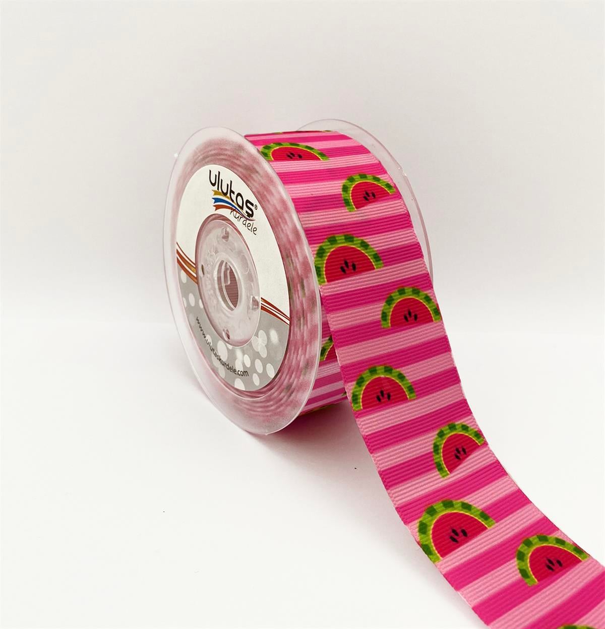 Pembe Şeritli Karpuz Desenli 4 Cm Grogren Kurdele 10 Mt