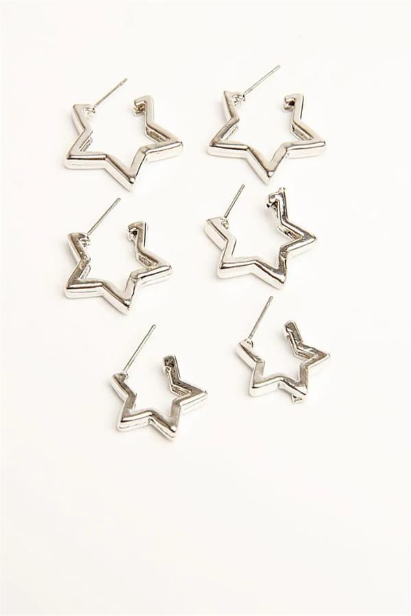 Kadın 3 Boy Yıldız Model  1.5 cm/ 2 cm / 2.5cm Küpe Seti zrk00593