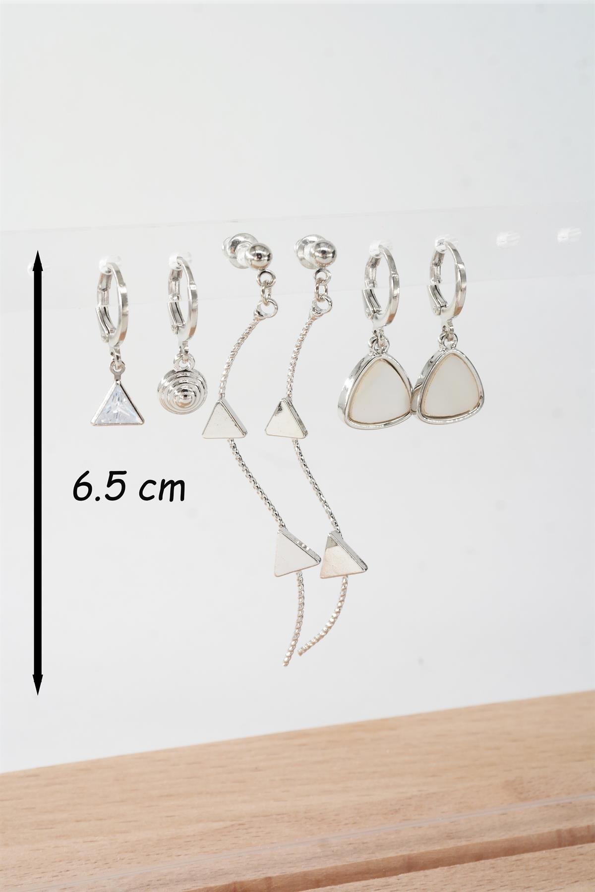 Kadın 6.5 cm Zigzag Sallantılı ve Üçgen Sedefli 6'lı Küpe Seti