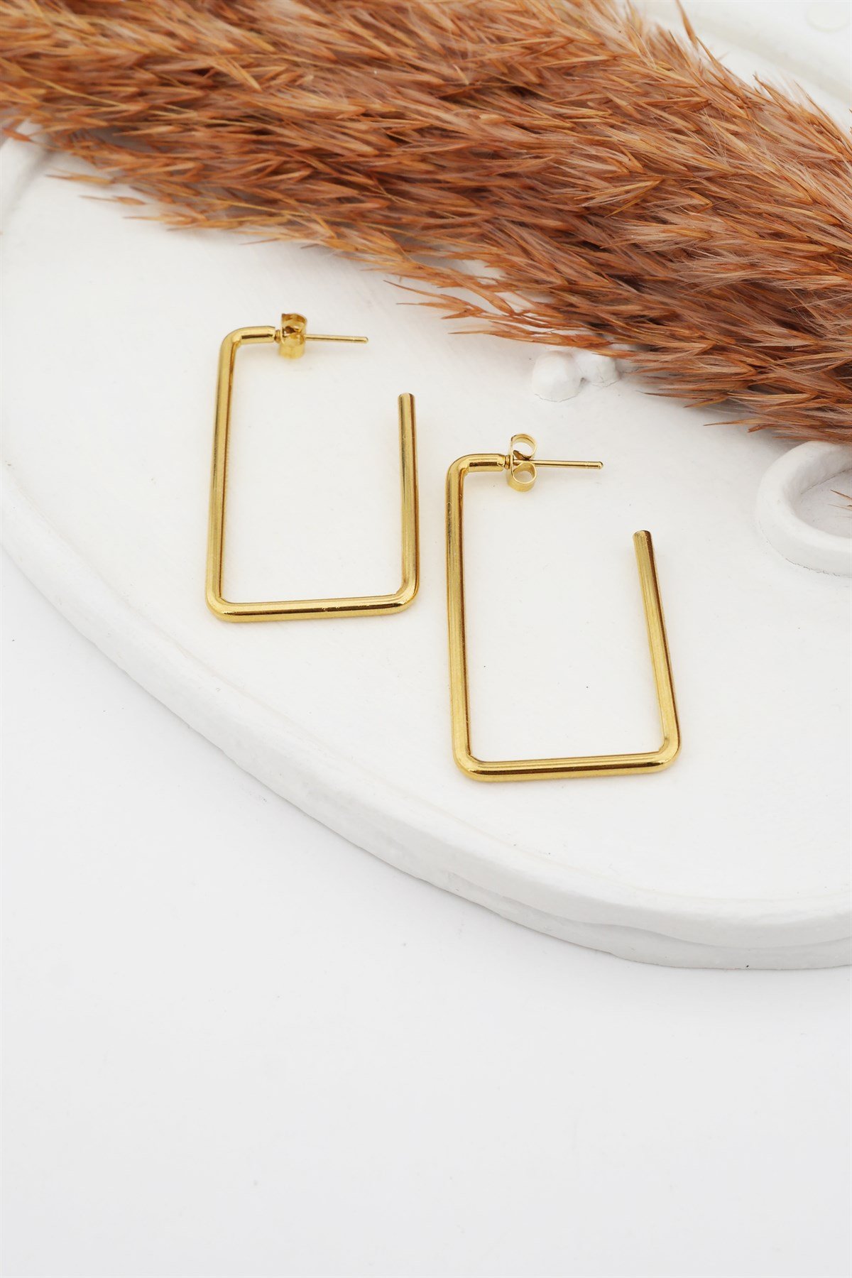 Kadın Çelik Basic Geometrik 4.5 cm Dikdörtgen Model Küpe