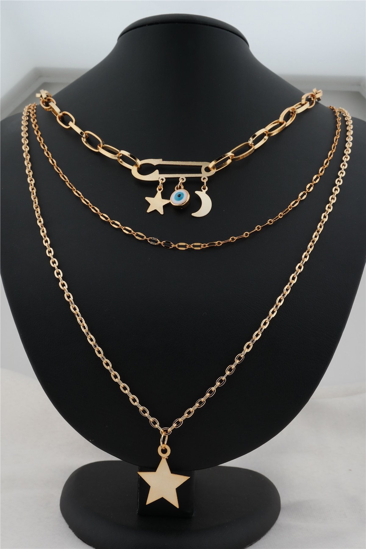 Kadın Gold Renk Yıldız ve Nazar Figürlü 3 Lü Kombin Kolye Set