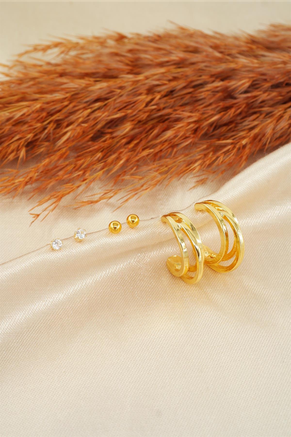 Kadın Özel Tasarım Zirkon Taşlı Oval 6'lı Küpe Seti