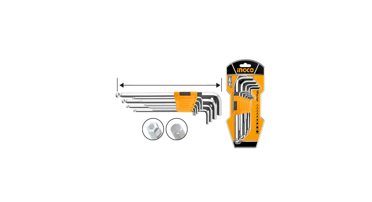 INGCOIngco HHK12092 Endüstriyel 9'lu Ekstra Uzun Yuvarlak Uçlu Alyan Anahtar Seti 1.5-10mmING-HHK12092