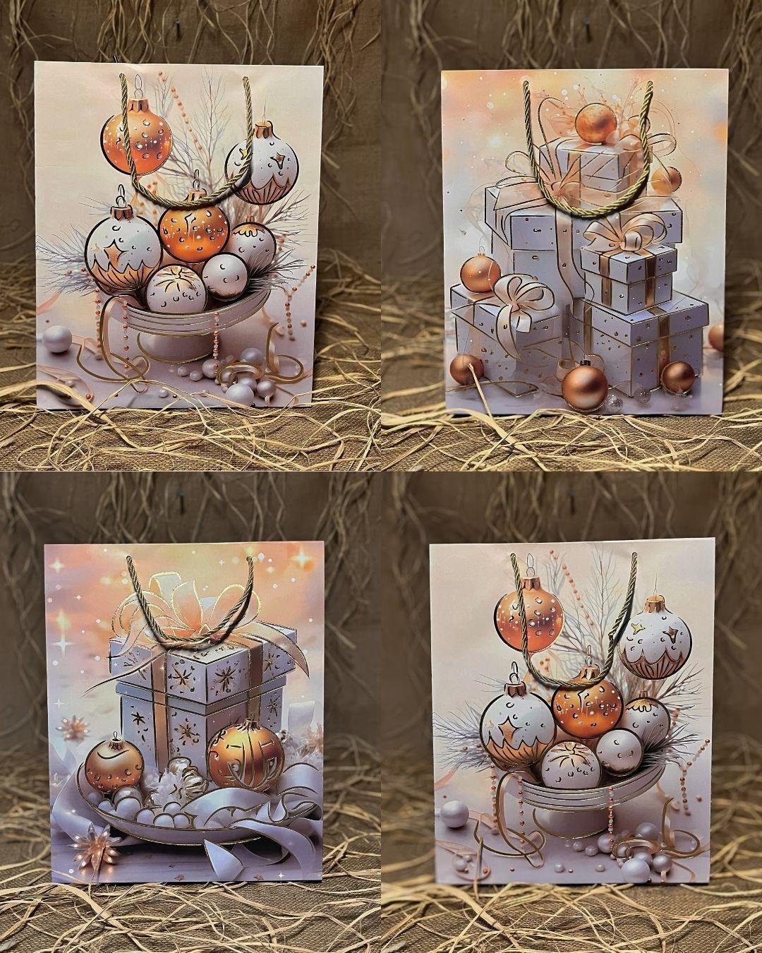 Hediye Karton ÇantalarBeyaz Gold Yılbaşı Karton Çanta 12 Adet