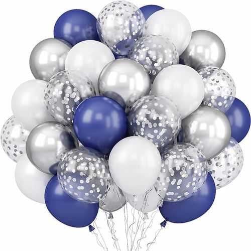 Gümüş Lacivert Beyaz Konfetili Uçan Balon 20 Adet