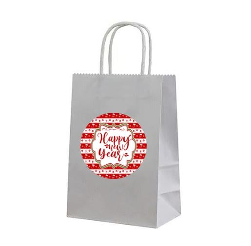 Yılbaşı SüsleriHappy New Year Baskılı Gümüş Renk Karton Parti Çantası