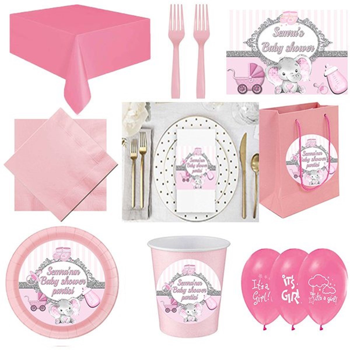 Kişiye Özel Baby Shower Kız Parti Seti 8 Kişilik