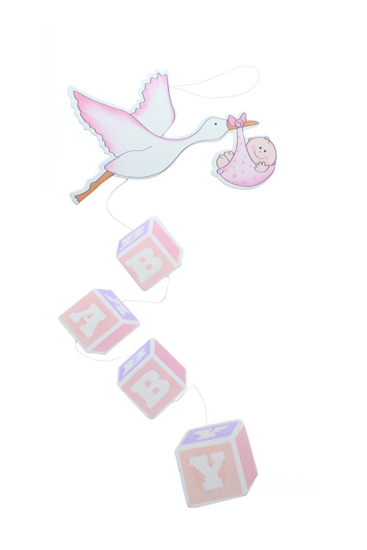 Leylekli Ahşap Baby Asmalı Süs Pembe